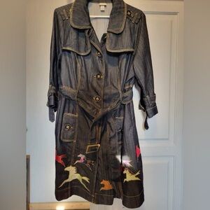 Long denim jacket horse appliqué